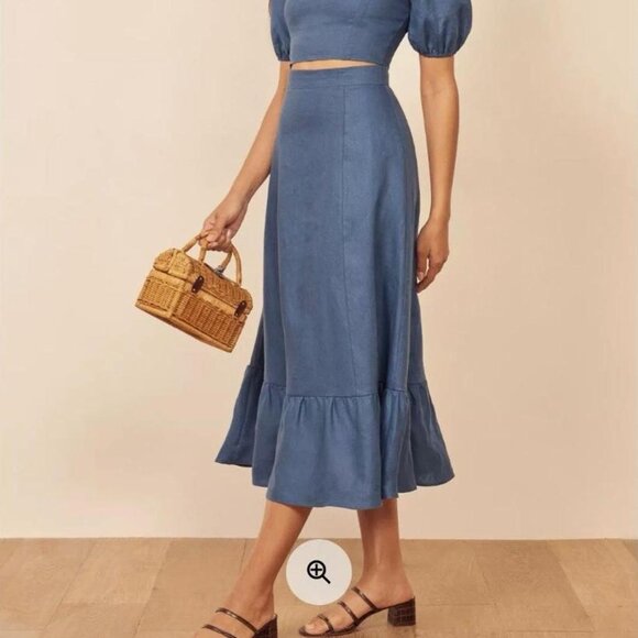 Reformation Skirt Women's Size 2 Blue 100% Linen Yucca Ruffle Midi Skirt Classy - Picture 3 of 6